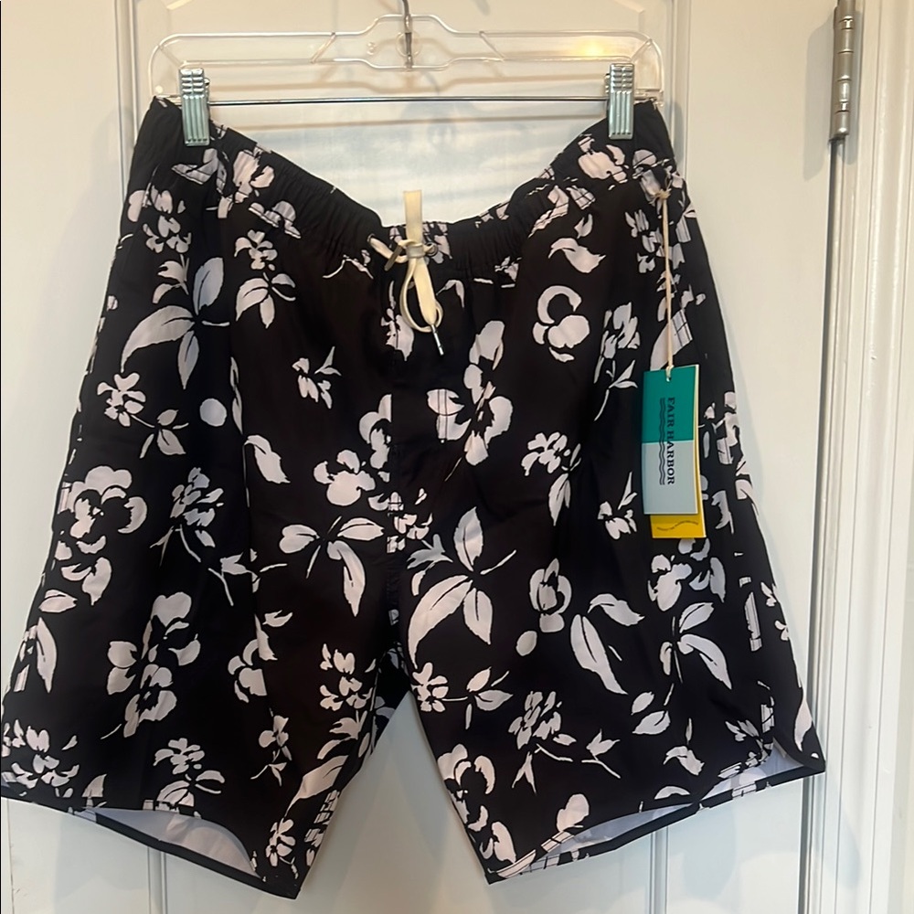 Fair Harbor Black and White Board Shorts Floral Design